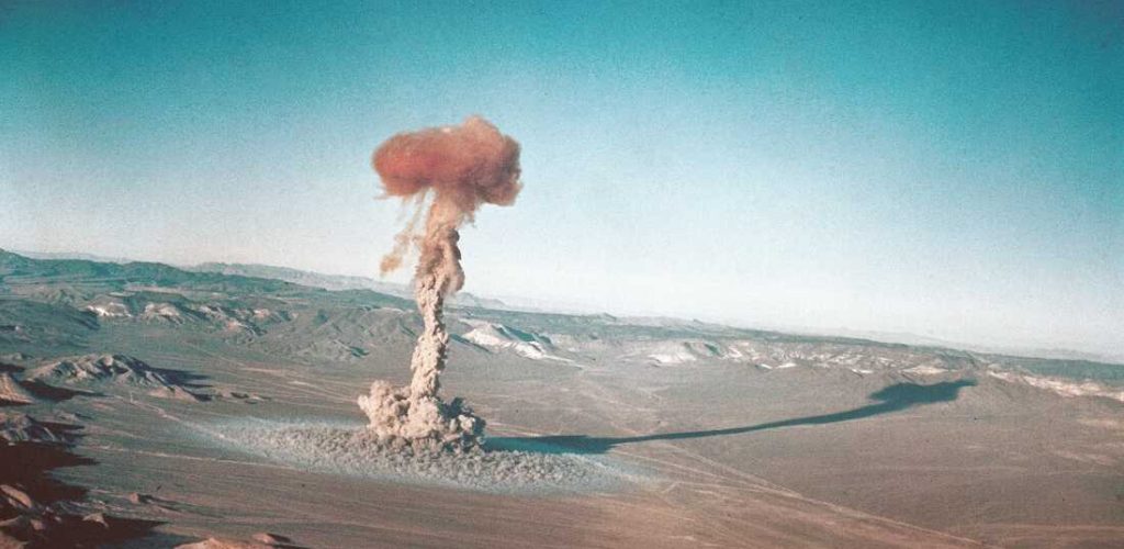 A sub-surface atomic test is shown March 23, 1955 at the Nevada Test Site near Yucca Flats, Nev. The explosion is the seventh in the Operation Teapot series. (U.S. Atomic Energy Commission via AP)